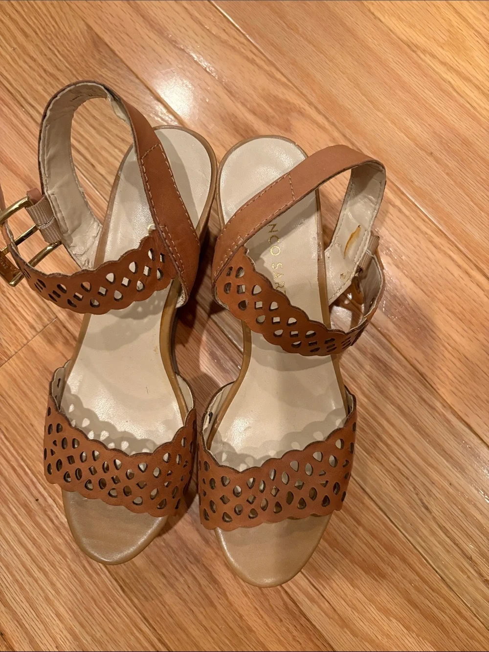 Franco Sarto Brown Laser-Cut Cork Wedge Sandals